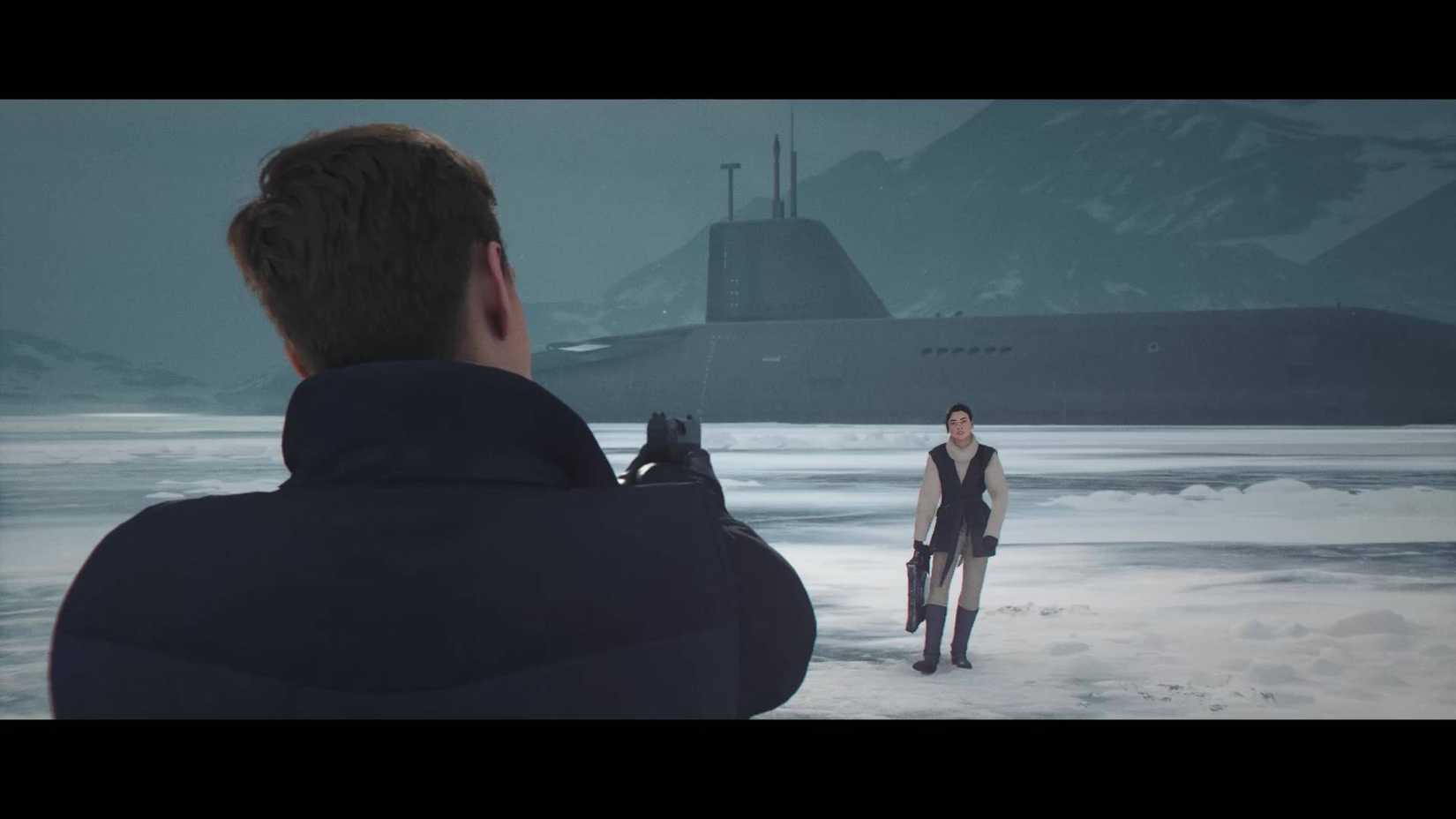 James Bond pointing a gun at Isola Vale in Antarctica.