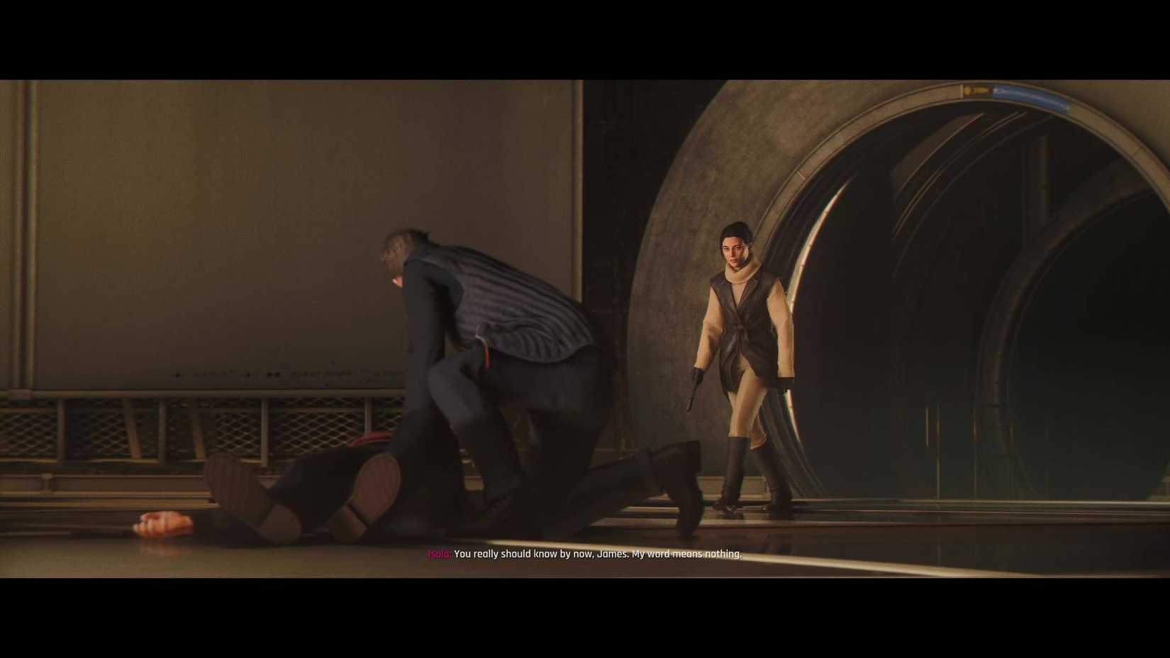 James Bond trying to keep Sir Nicholas Webb alive while Isola Vale walks past, pistol in hand.