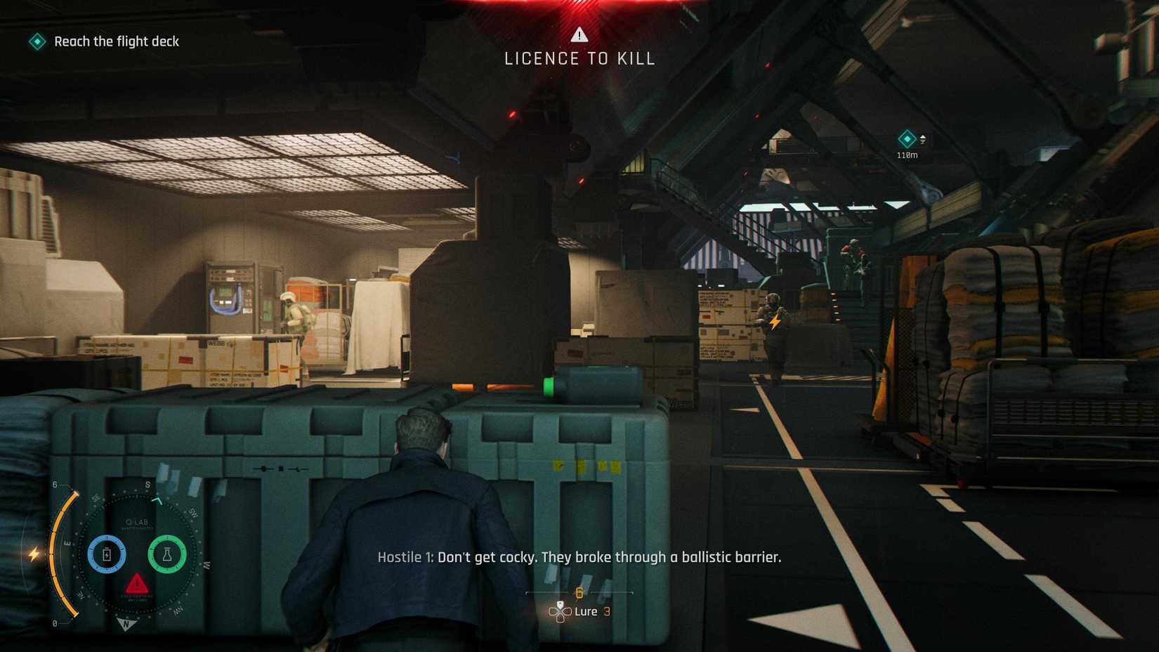 007 First Light screenshot showing the red License to Kill notification while Bond crouches behind cover