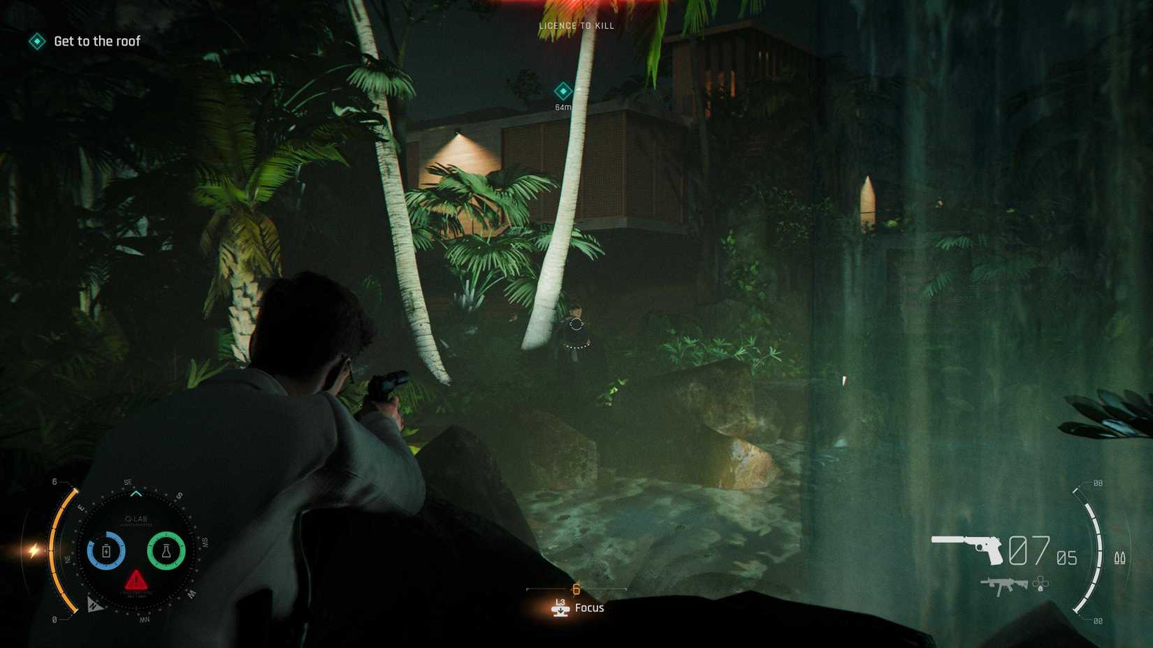 007 First Light screenshot showing the red License to Kill notification while Bond takes aim behind cover