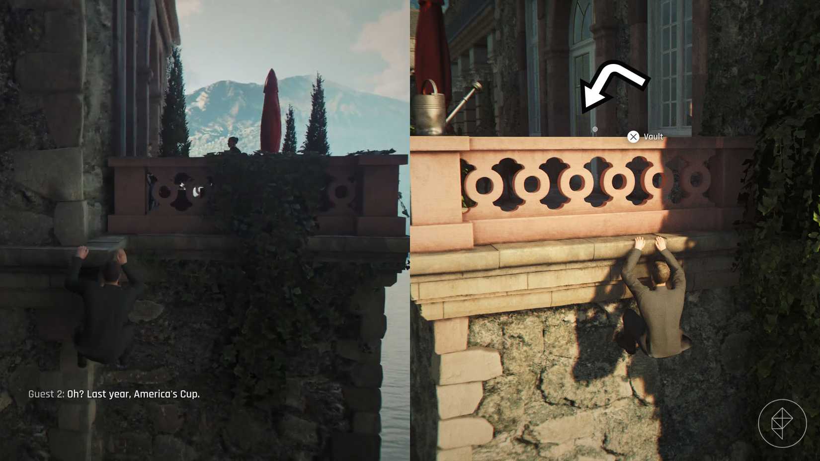 A montage of two 007 First Light screenshots showing the path to enter room 207's balcony