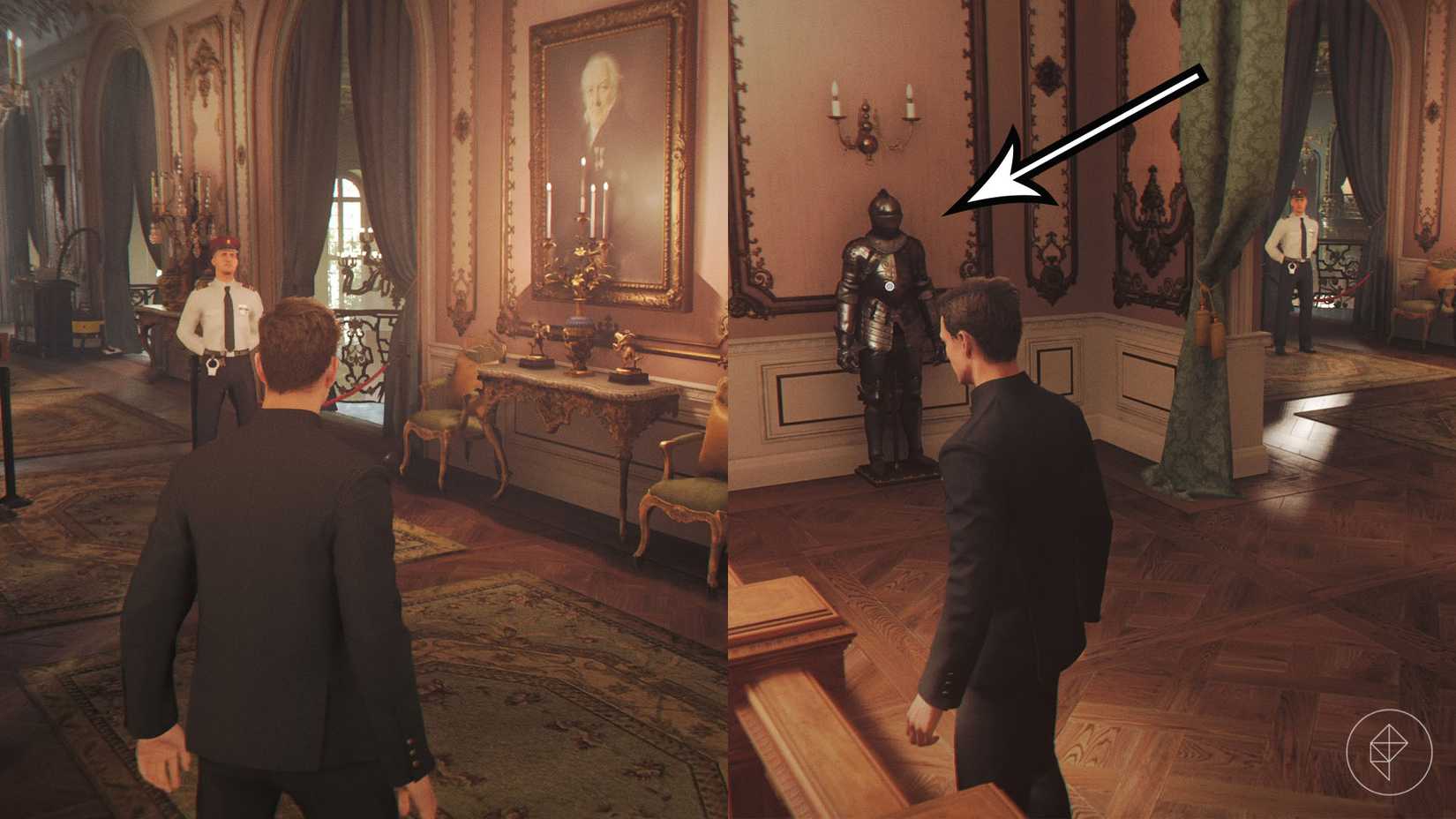 A montage of two 007 First Light screenshots showing a guard and an armor set near the room 207
