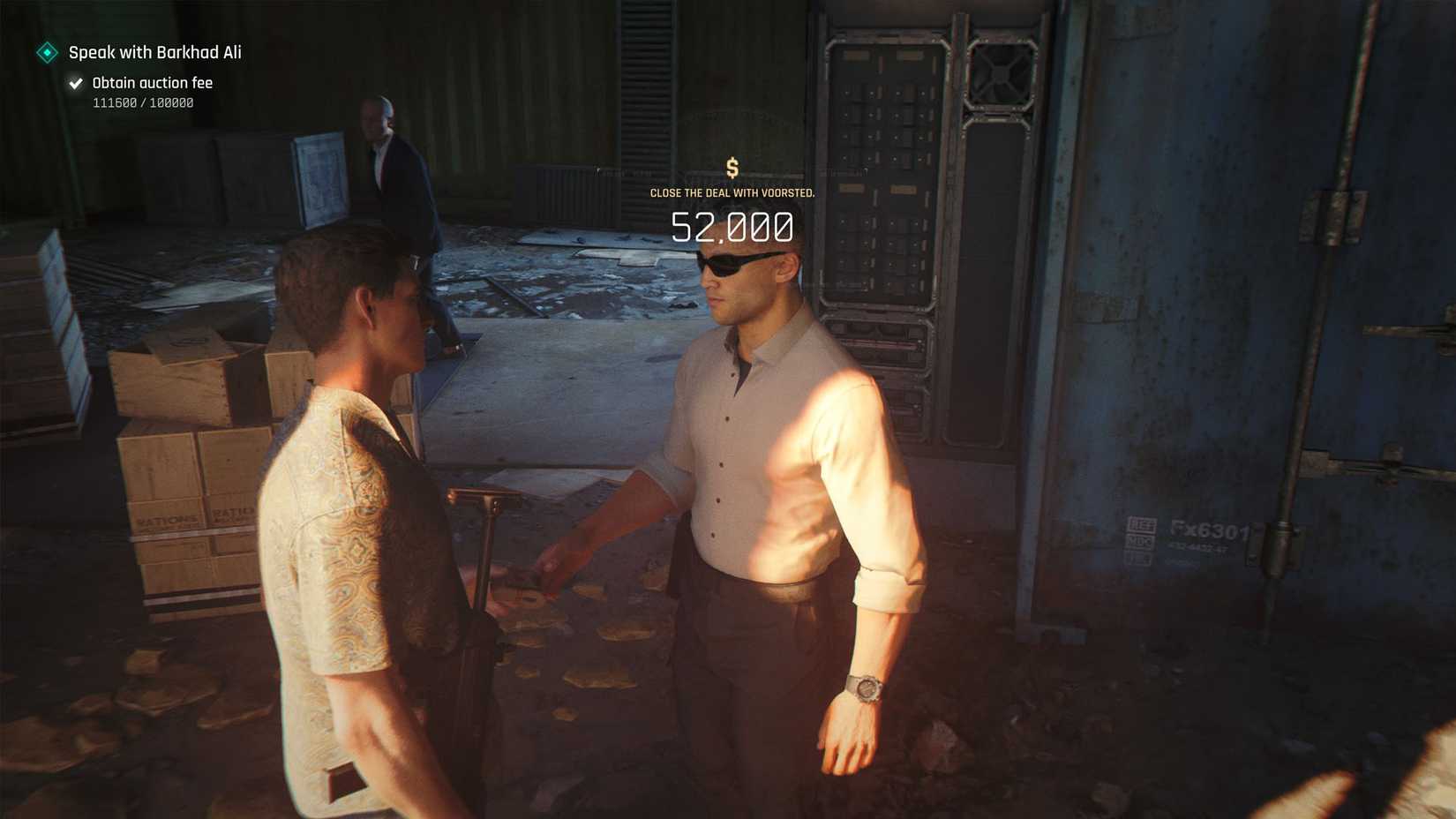 A 007 First Light screenshot showing Bond receiving $52,000 from a man wearing sun glasses