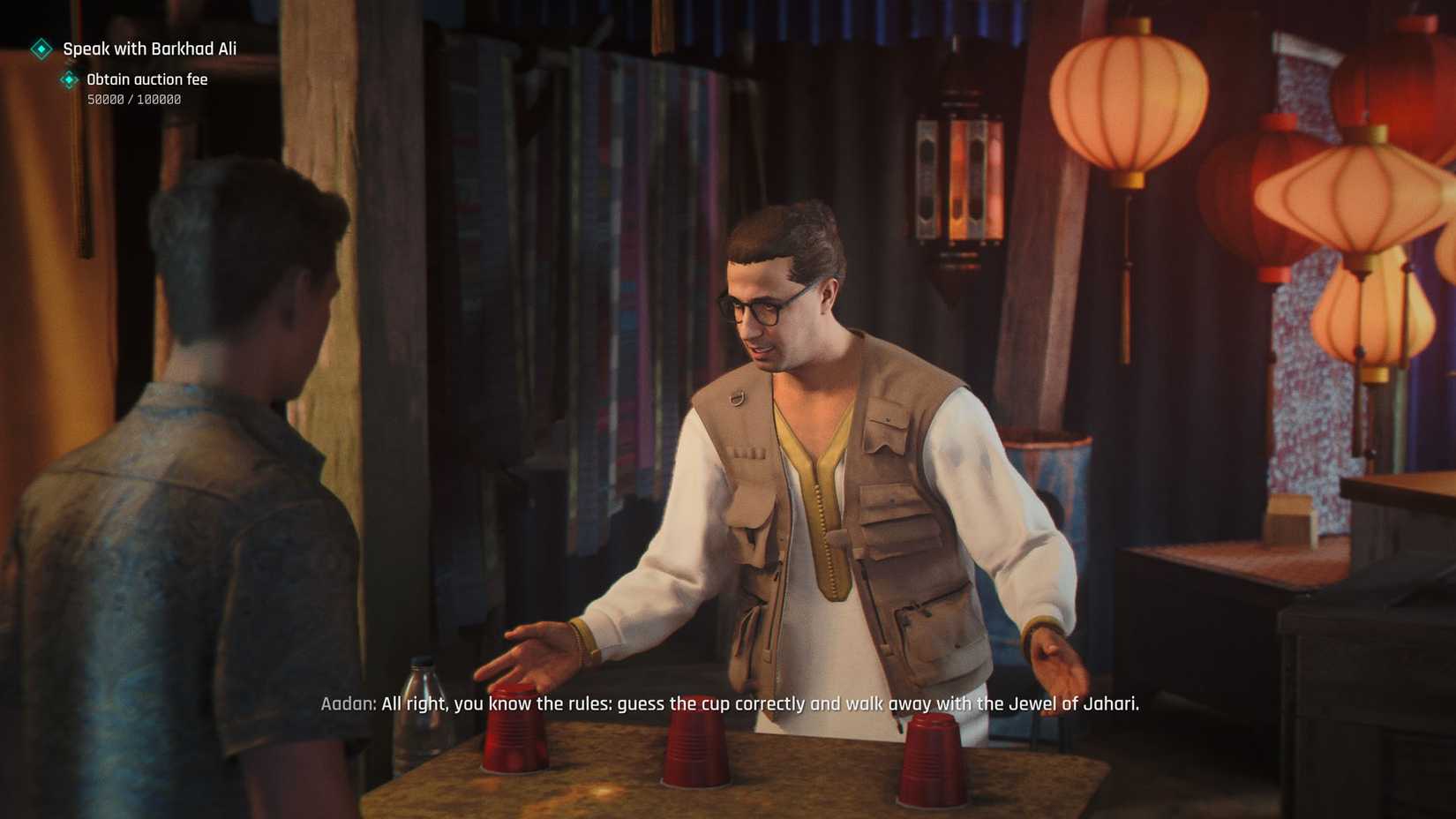 Uma captura de tela do 007 First Light mostrando Aadan, o homem por trás do jogo da copa em Aleph