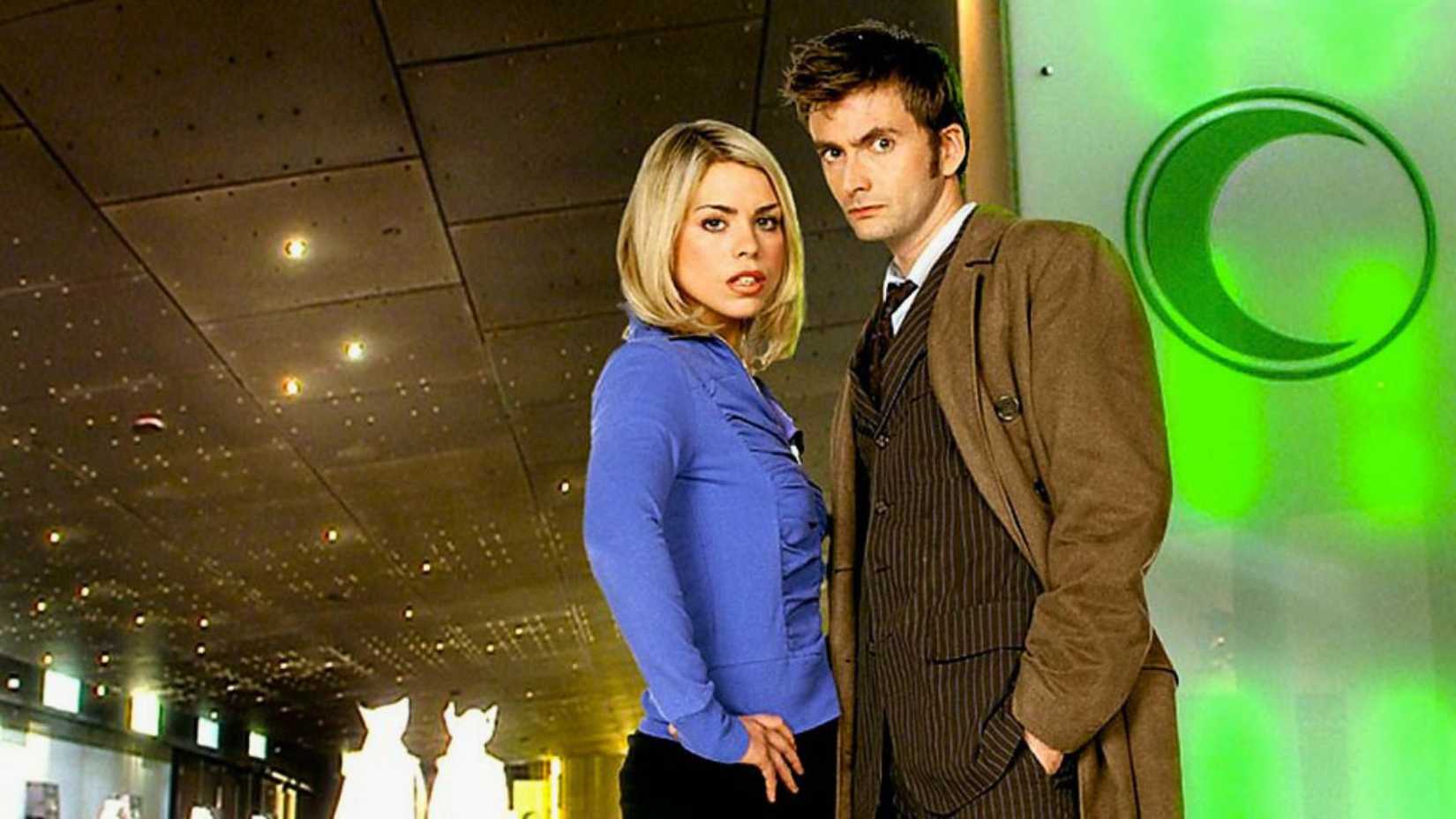 Doctor Who image of Billie Piper and David Tennant as Rose Tyler and the 10th Doctor. They stand close together in a futuristic hospital.