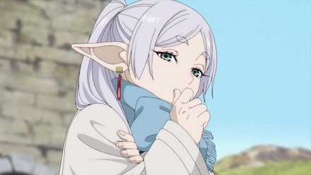 Frieren tilts her head while immersed in deep thought in Frieren