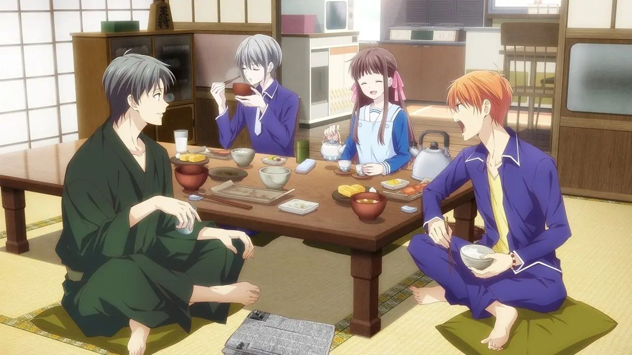 Tohru Honda with the Sohma family in Fruits Basket.