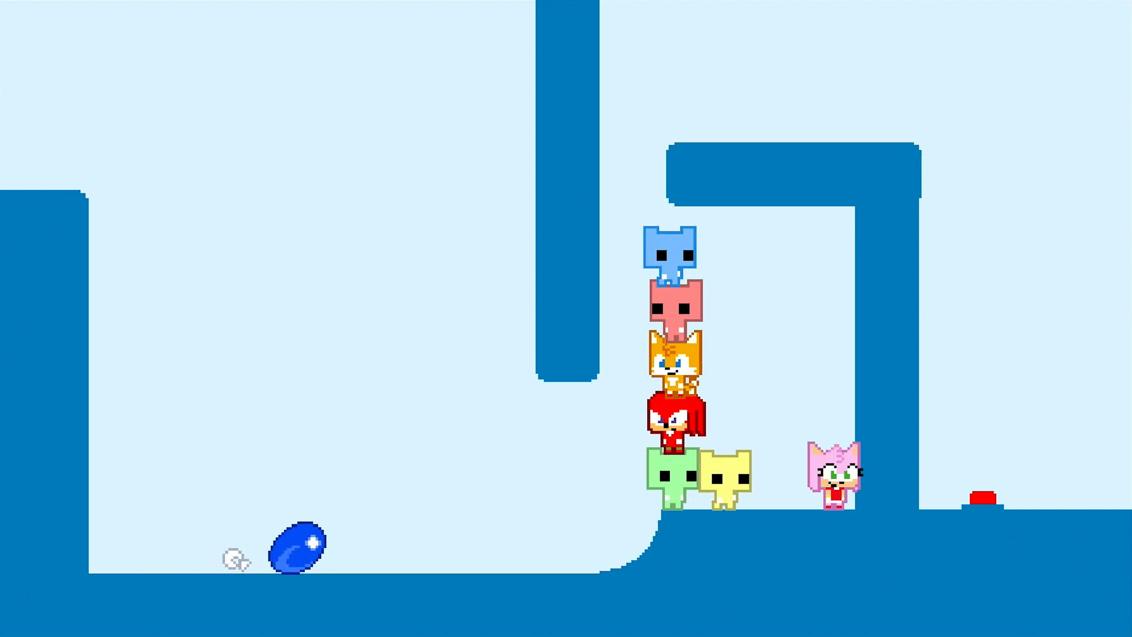 Sonic Pico Park characters rolling in a ball and standing on each other