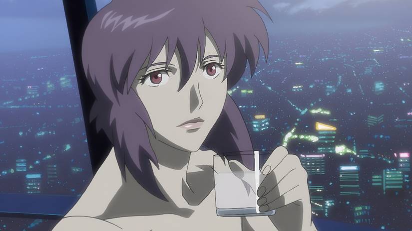 Motoko looks calm as she sips on a drink in Ghost in the Shell: Stand Alone Complex