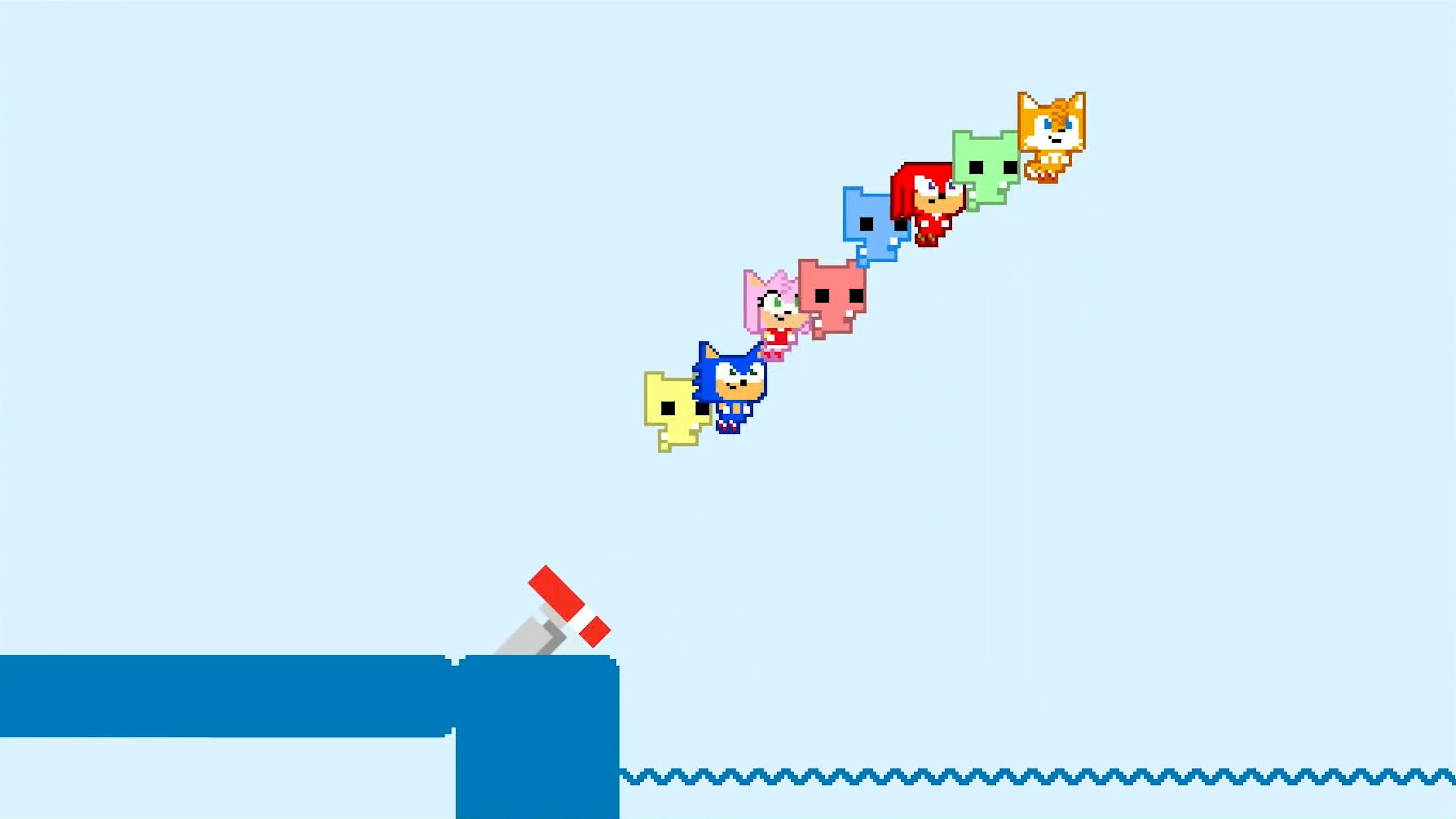 Sonic characters launching off a spring in Sonic Pico Park