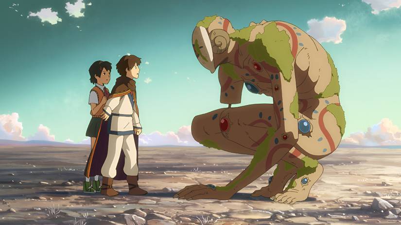 Two children encounter a strange being covered in gems in Children Who Chase Lost Voices
