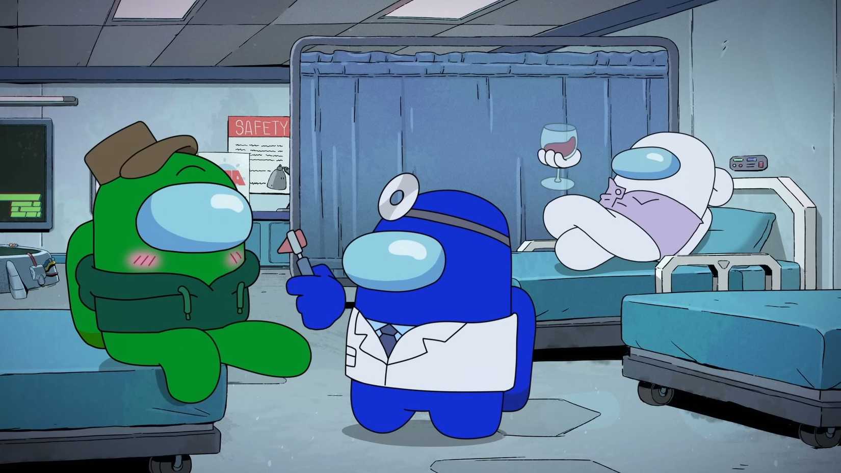 Blue, the doctor in the Among Us show, does a health check on Green while White sits in the background drinking wine.