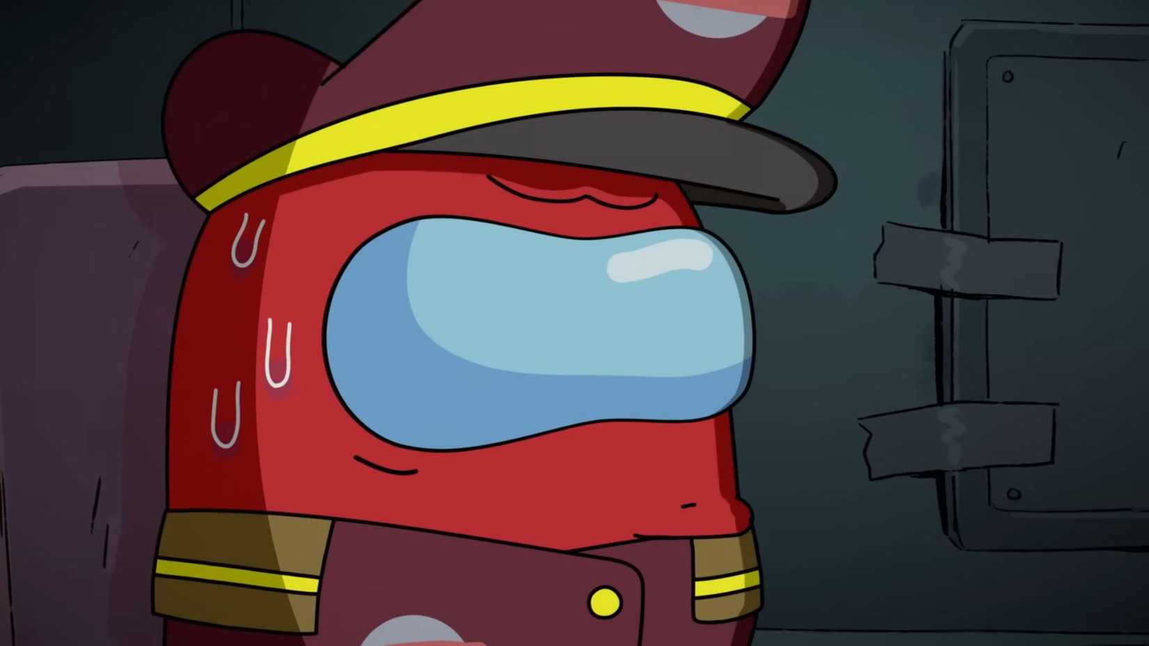 Red, the captain in the Among Us show, sweats.