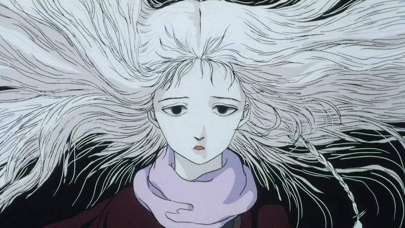 The young girl looks shocked as she walks through the ruins in Angel's Egg