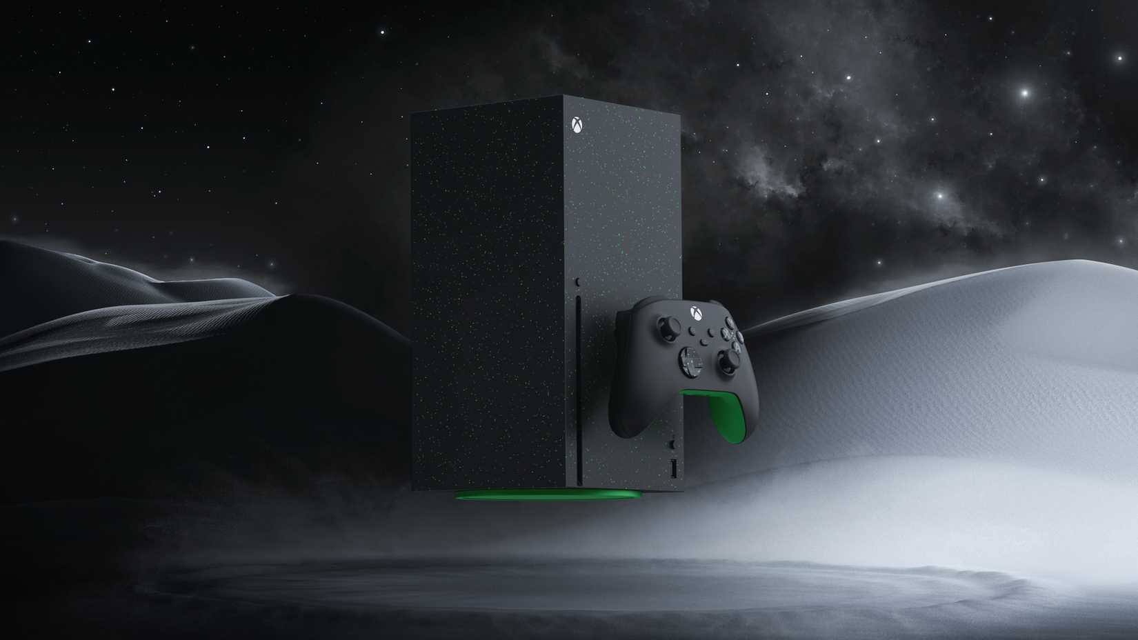 A black Xbox Series X with green accents