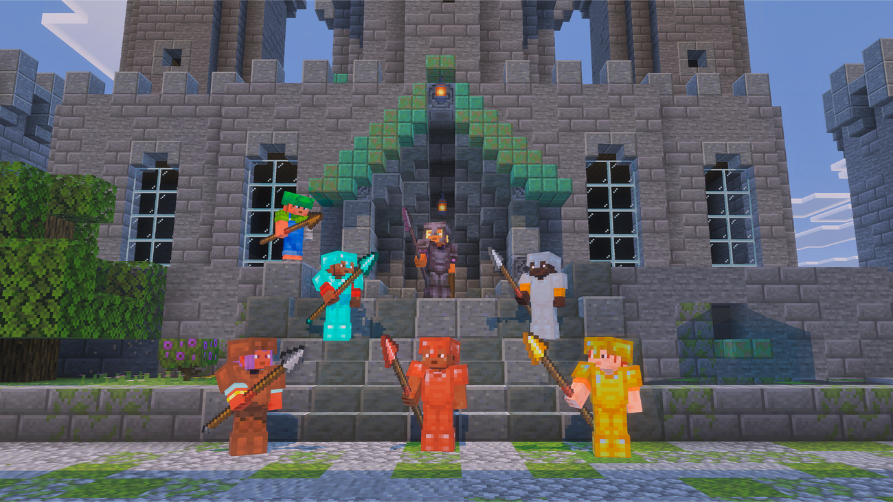 Minecraft players with spears standing on the steps of a castle