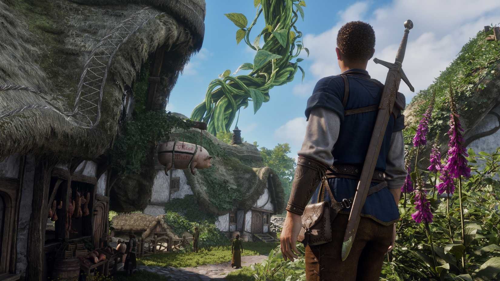 A character with a sword on their back looks at a giant beanstalk growing in a village