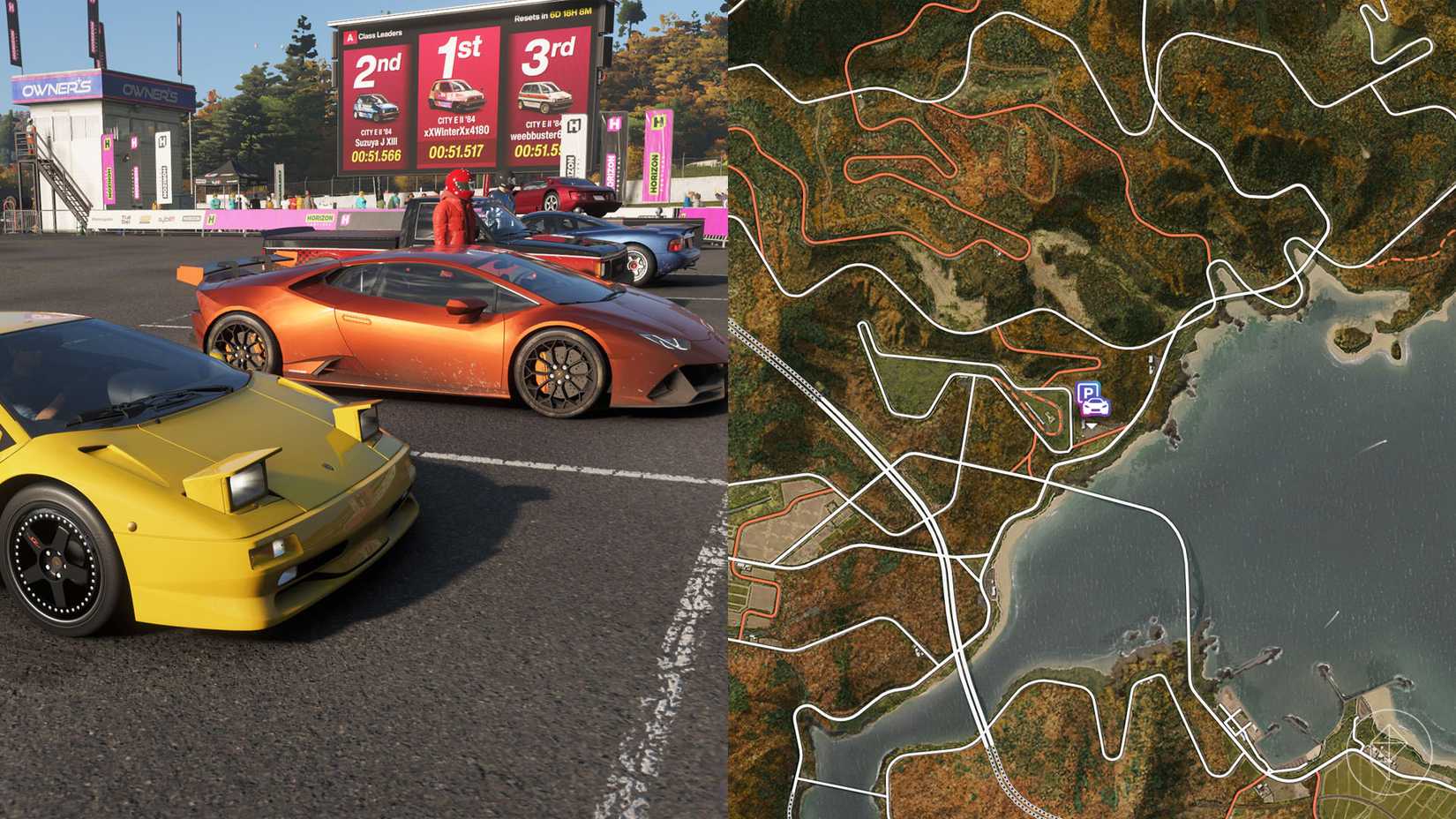 Cars in a parking lot in Forza Horizon 6.