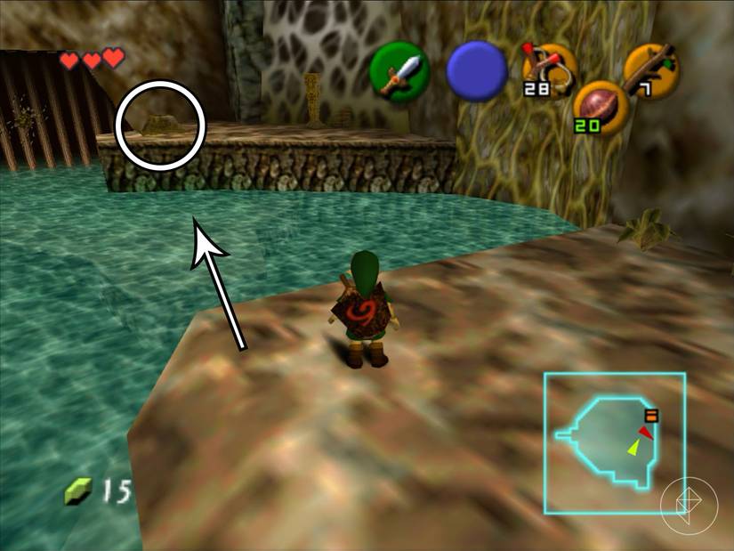 Link standing across from a button and a torch blocked off by a spider web in Ocarina of Time.