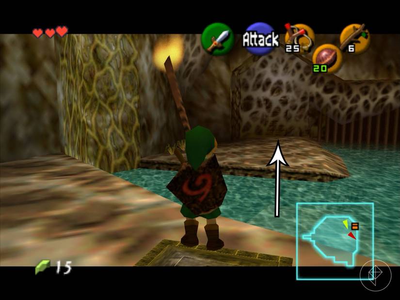 Link with a lit stick looking toward a door covered in spider webs in Ocarina of Time.