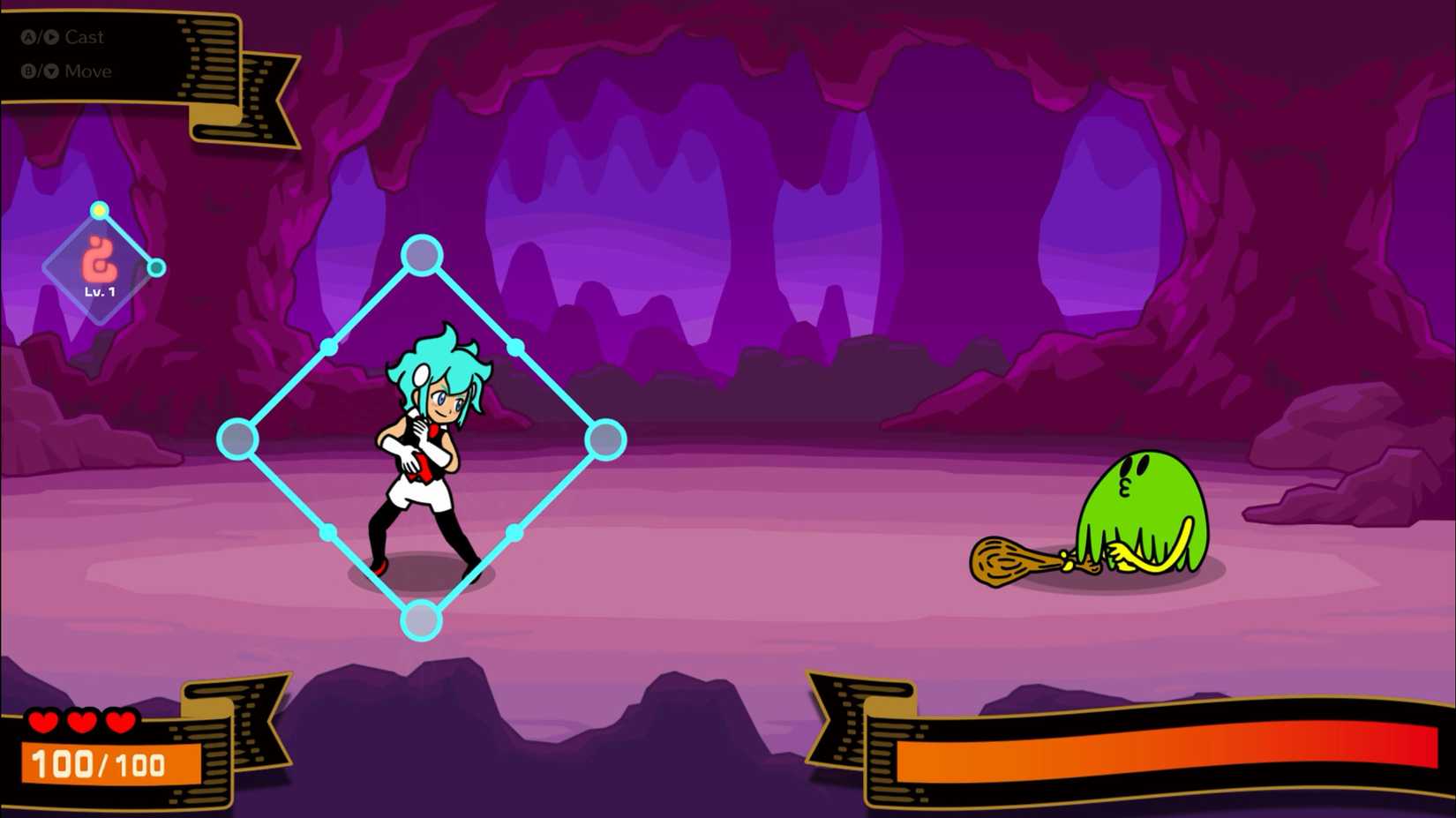 A blue-haired girl with a diamond around her looking toward a green monster in Rhythm Heaven Groove.