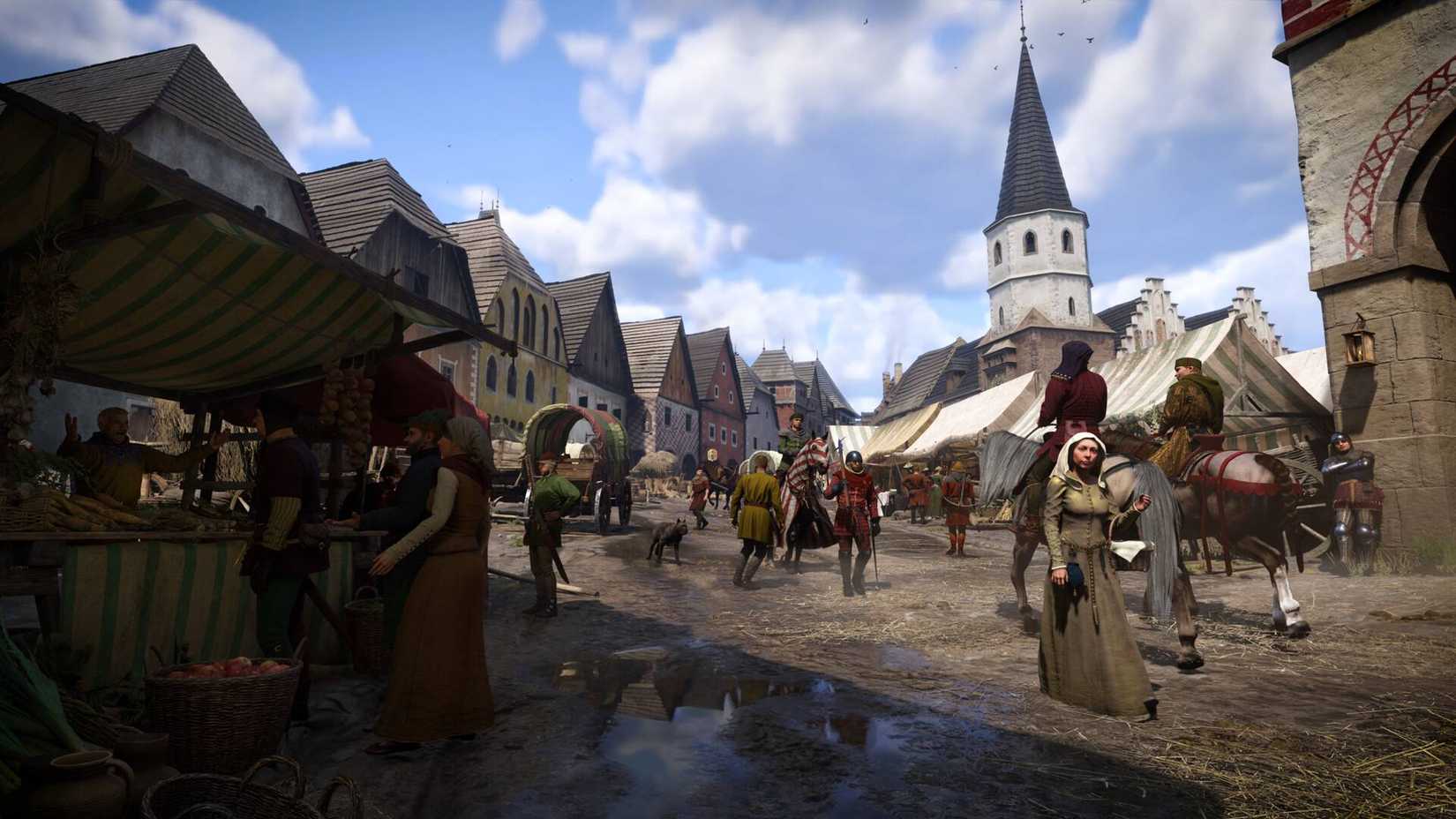 A bustling town market in Kingdom Come: Deliverance 2.