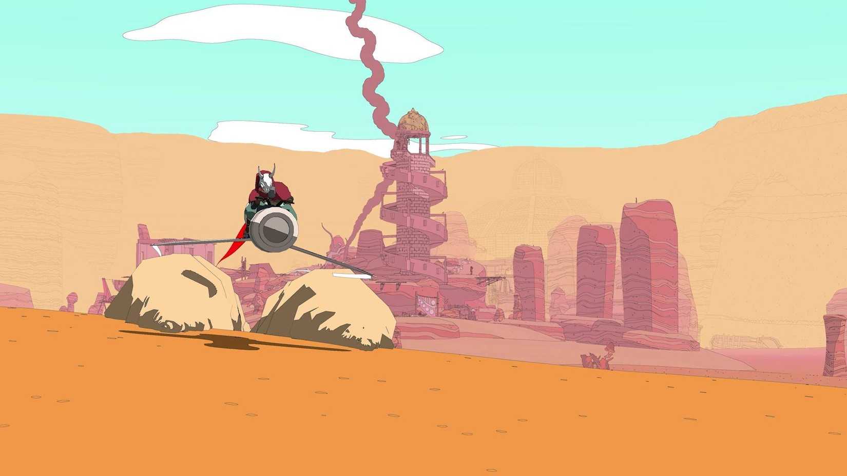The protagonist riding their hover bike across the desert in Sable.