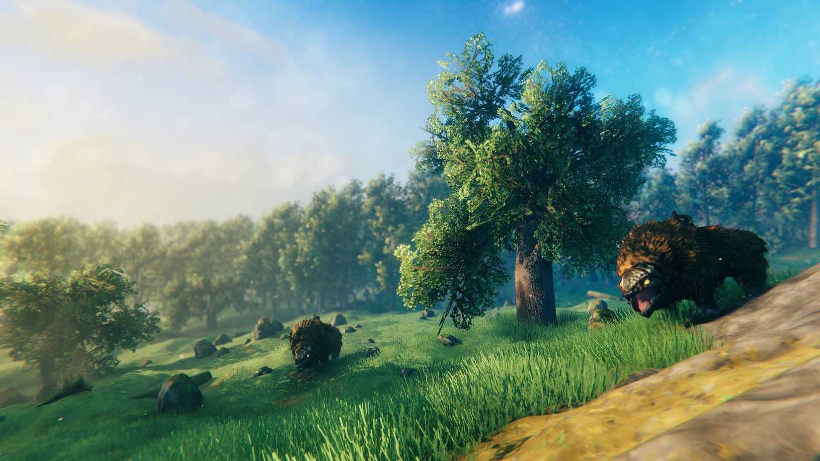 A meadow with some animals in Valheim.