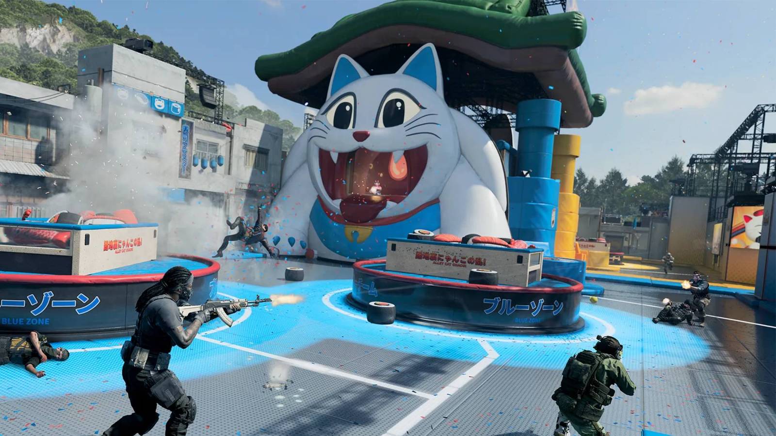 A huge cartoon cat in the middle of a Black Ops 7 multiplayer map with soldiers fighting around it.