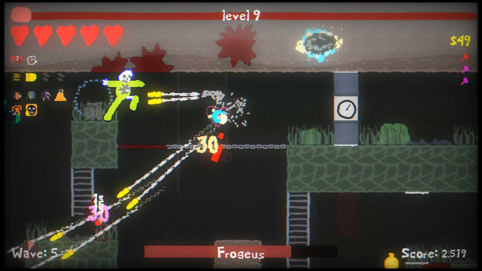 A character fires shots while platforming in Blood Dungeon.