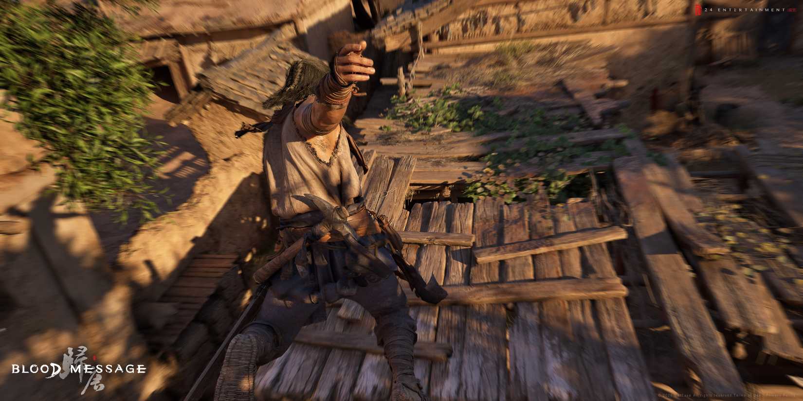 The player jumps through a roof during a chase in Blood Message