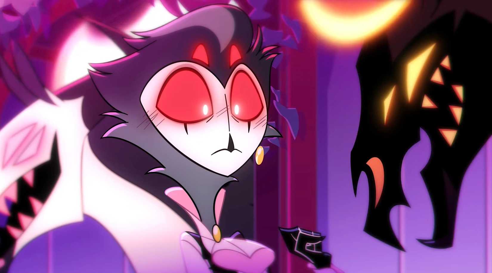 The demon lord Stolas, a tall, thin, owl-like creature, blushes and looks shocked in season 3 of Helluva Boss
