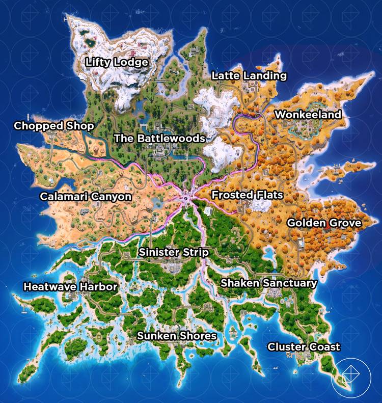 The Fortnite Chapter 7 Season 3 map of the new island, Shattered Coast, and its POIs.