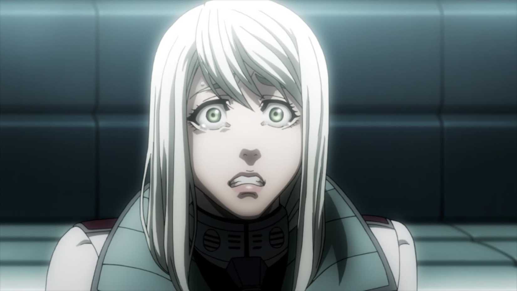 A young, white-haired woman cries while looking distressed in Terra Formars