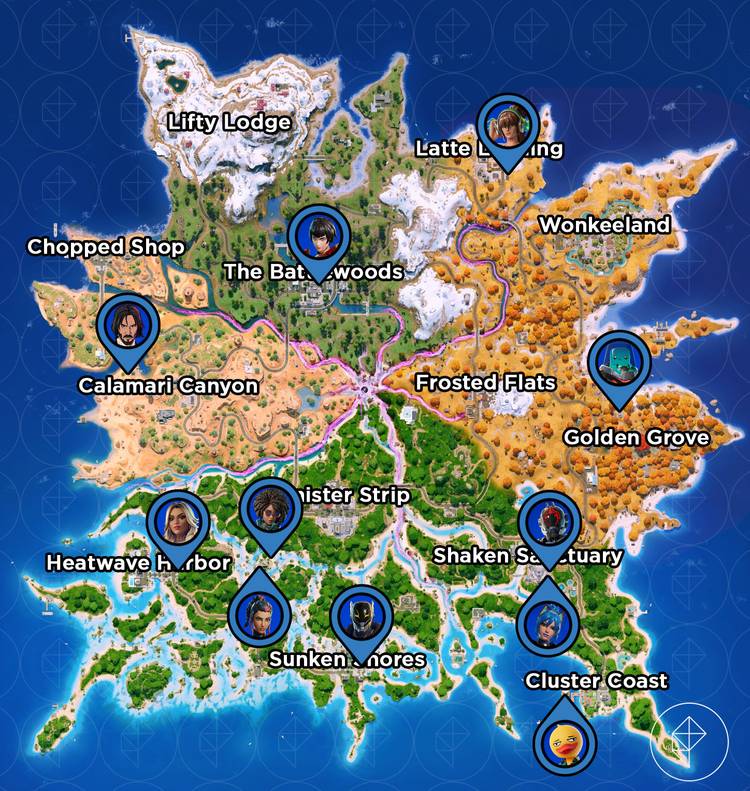 A detailed map of the Fortnite Chapter 7 Season 3 island, highlighting the spawn points for all characters.