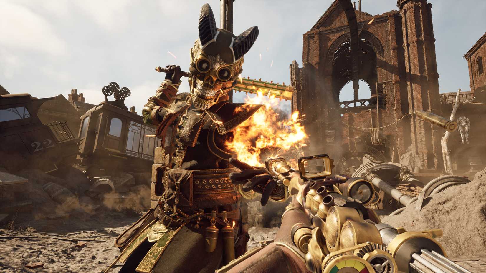 Clockwork Revolution Steam screenshot showing a player shooting flames at an enemy wearing a scary skull mask