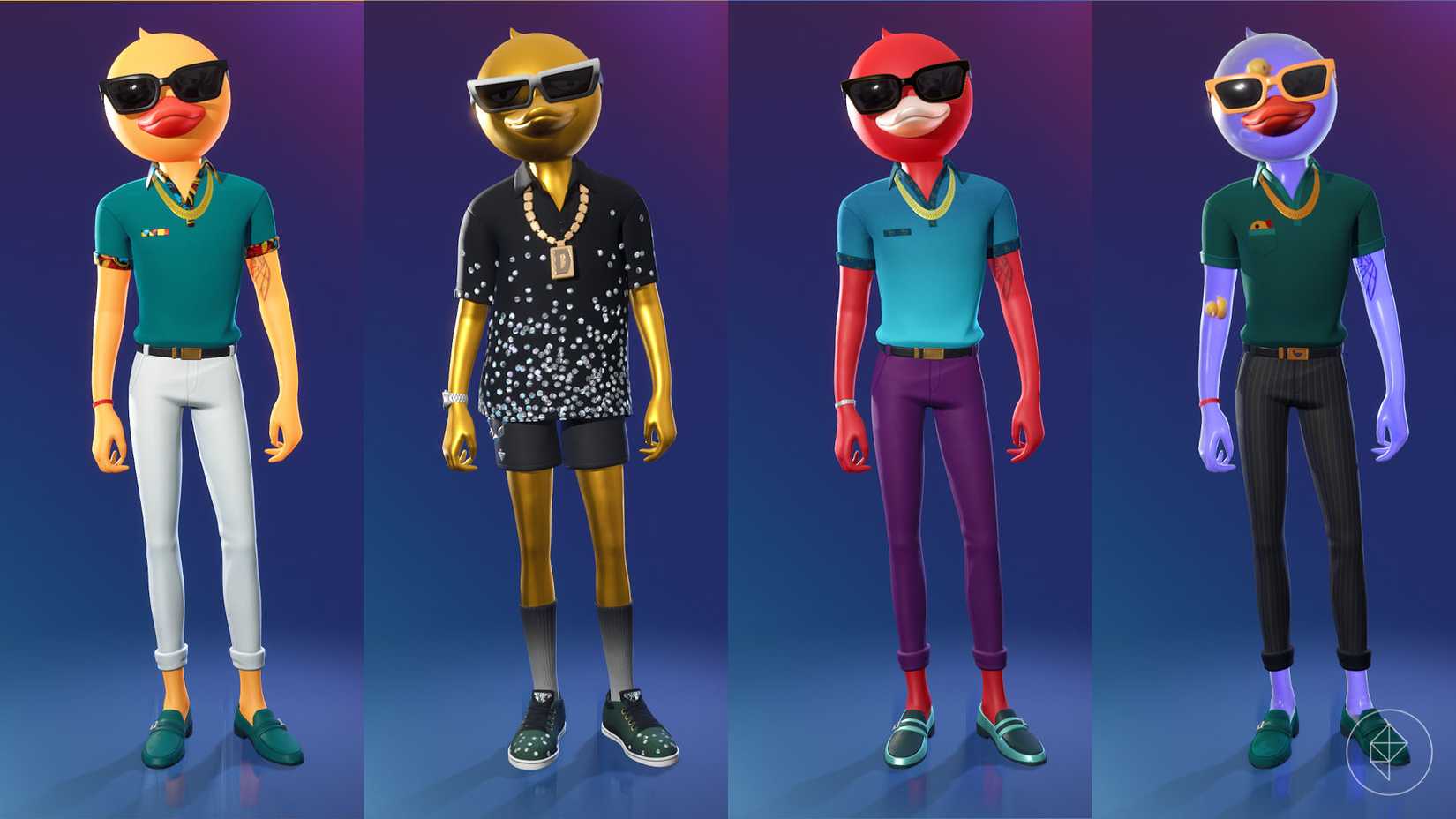 Cluster_FNCluster, a Fortnite skin resembling a duck, in four different styles.