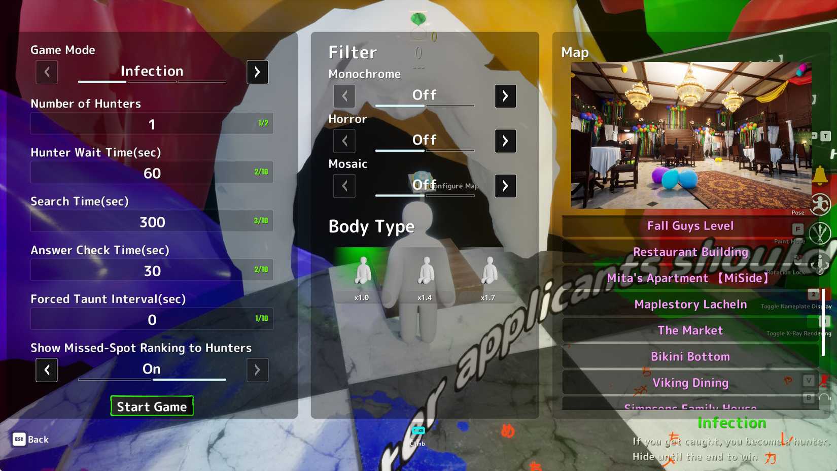 The host lobby screen of Meccha Chameleon which features the settings, filter, and map list.