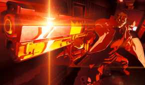 A cyborg man pointing a gun at the camera, creating an exaggerated perspective that makes the pistol look huge.
