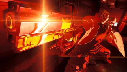 A cyborg man pointing a gun at the camera, creating an exaggerated perspective that makes the pistol look huge.