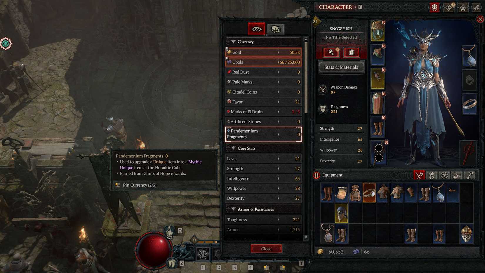 A Diablo 4 screenshot showing the currency tab and the description of the Pandemonium Fragments
