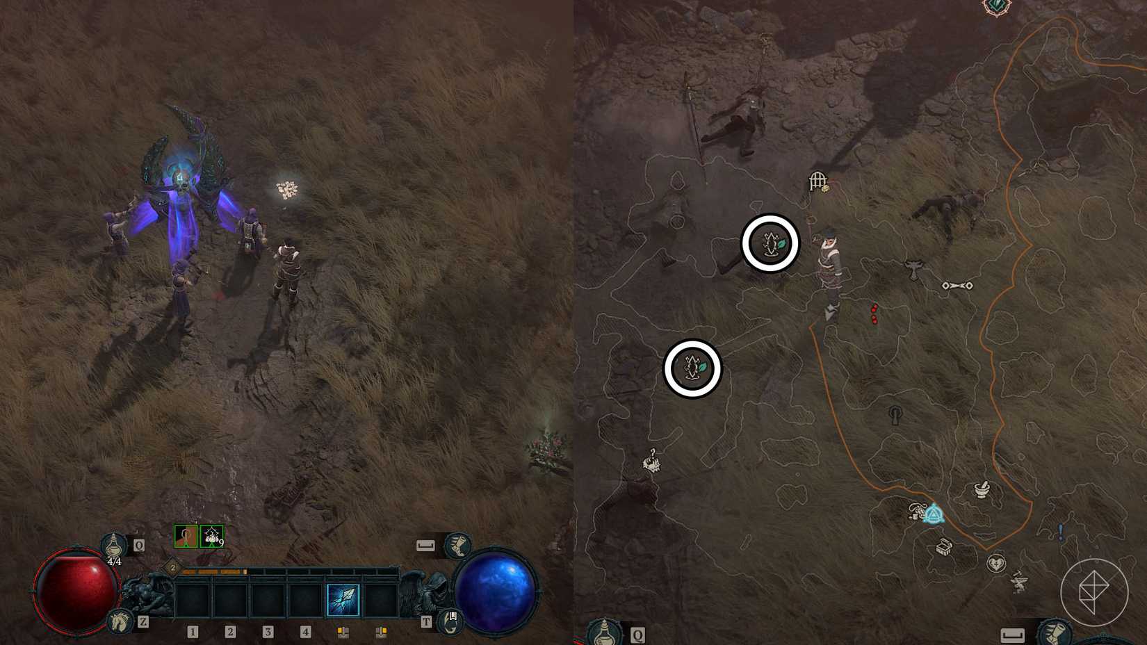 A montage using two Diablo 4 images showing where to located ruptures during Season 14