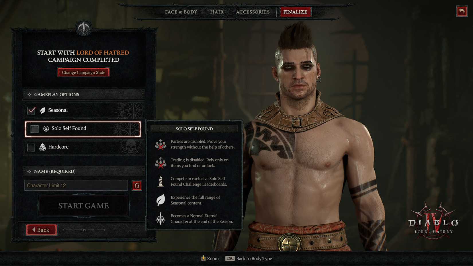 A Diablo 4 screenshot showing the character creation screen