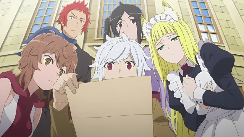A group of characters peer at a letter in Is It Wrong to Try to Pick Up Girls in a Dungeon?