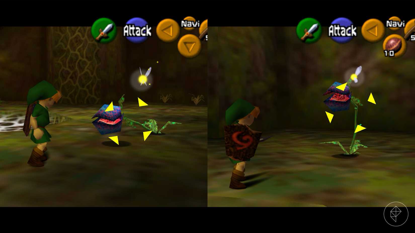Link standing in front of a lunging and standing Deku Baba, which is a plant-like monster, in Ocarina of Time.