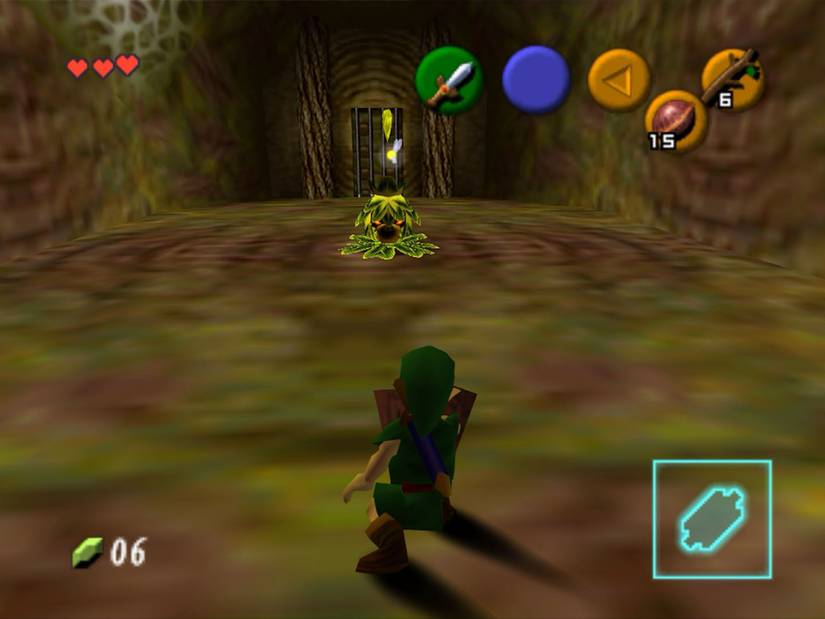 Link holding a shield in front of a creature hiding in a bush in Ocarina of Time.
