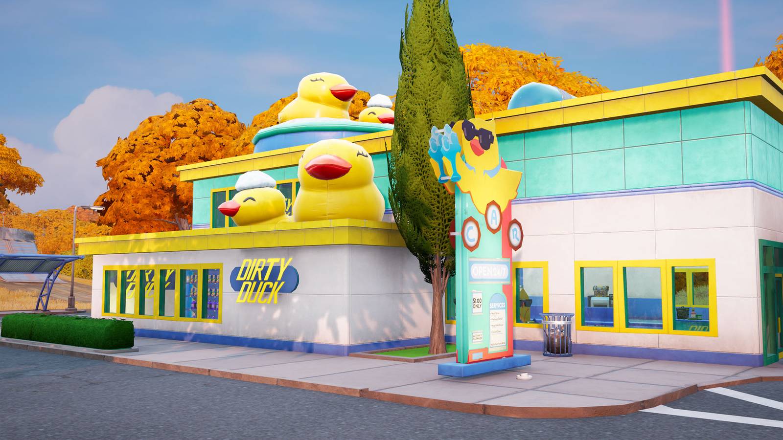 Un bâtiment avec des canards en caoutchouc et un 