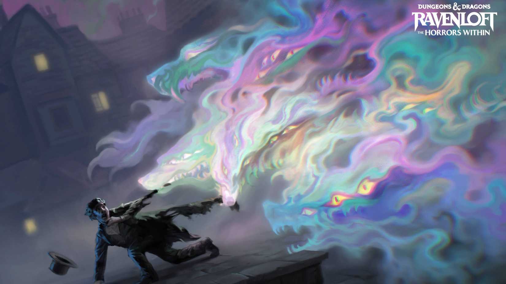 A Mist Horror grabs a man's coat in multiple maws in Ravenloft: The Horrors Within