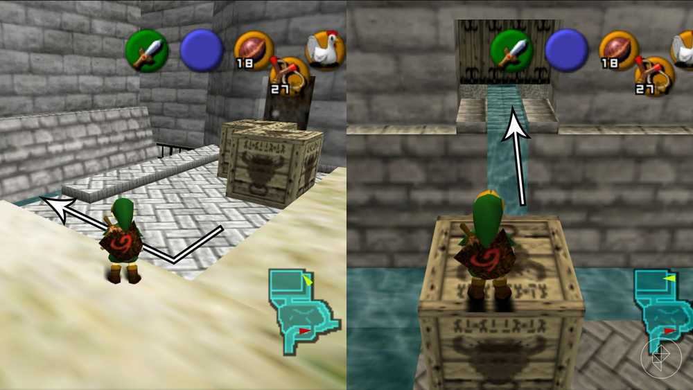 Link em frente a caixas de madeira e sobre elas, diante de um buraco na parede em Ocarina of Time.
