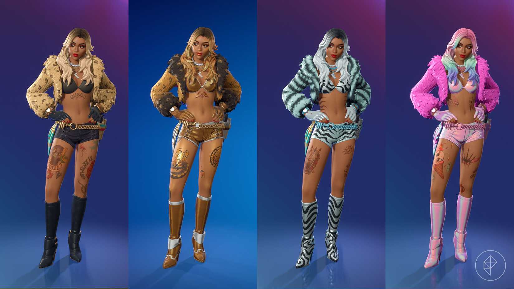 Dylan, a Fortnite sksin of a woman wearing a fur jacket and thigh high heels.
